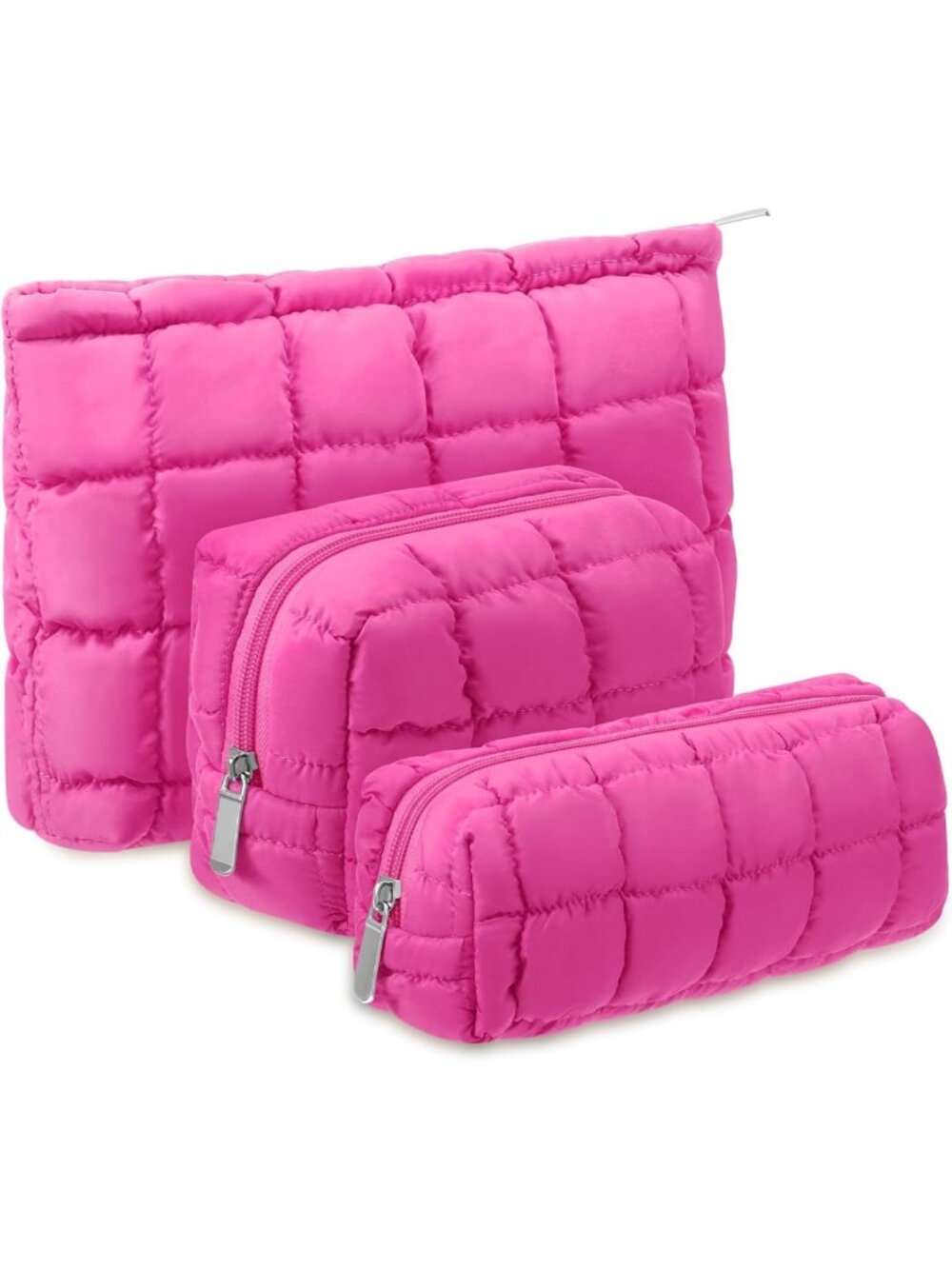 3 Pcs Cute Checkered Puffy Makeup Bags - Quilted Cosmetic Pouches for Travel